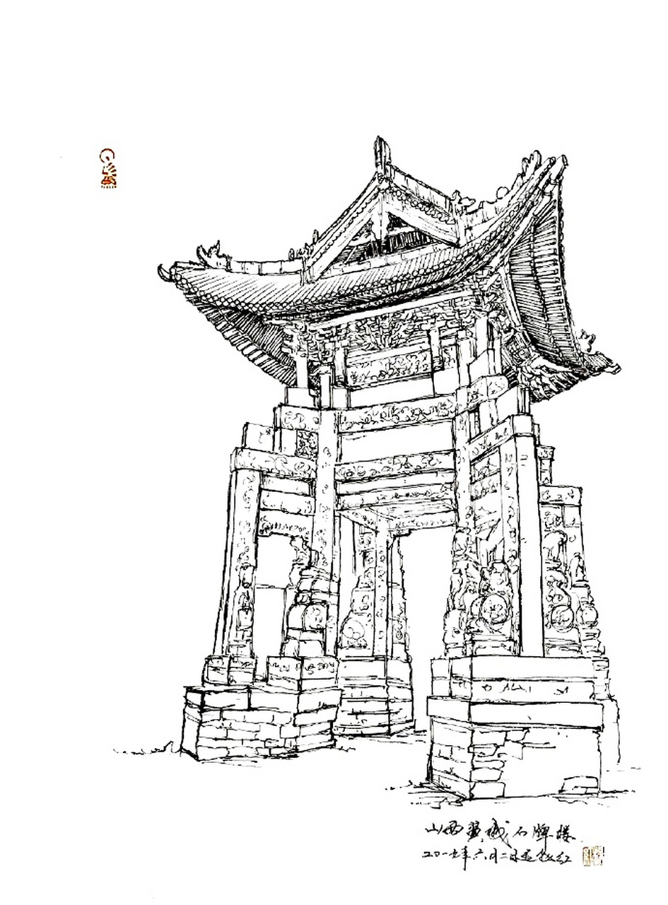 古建筑一角线描图片