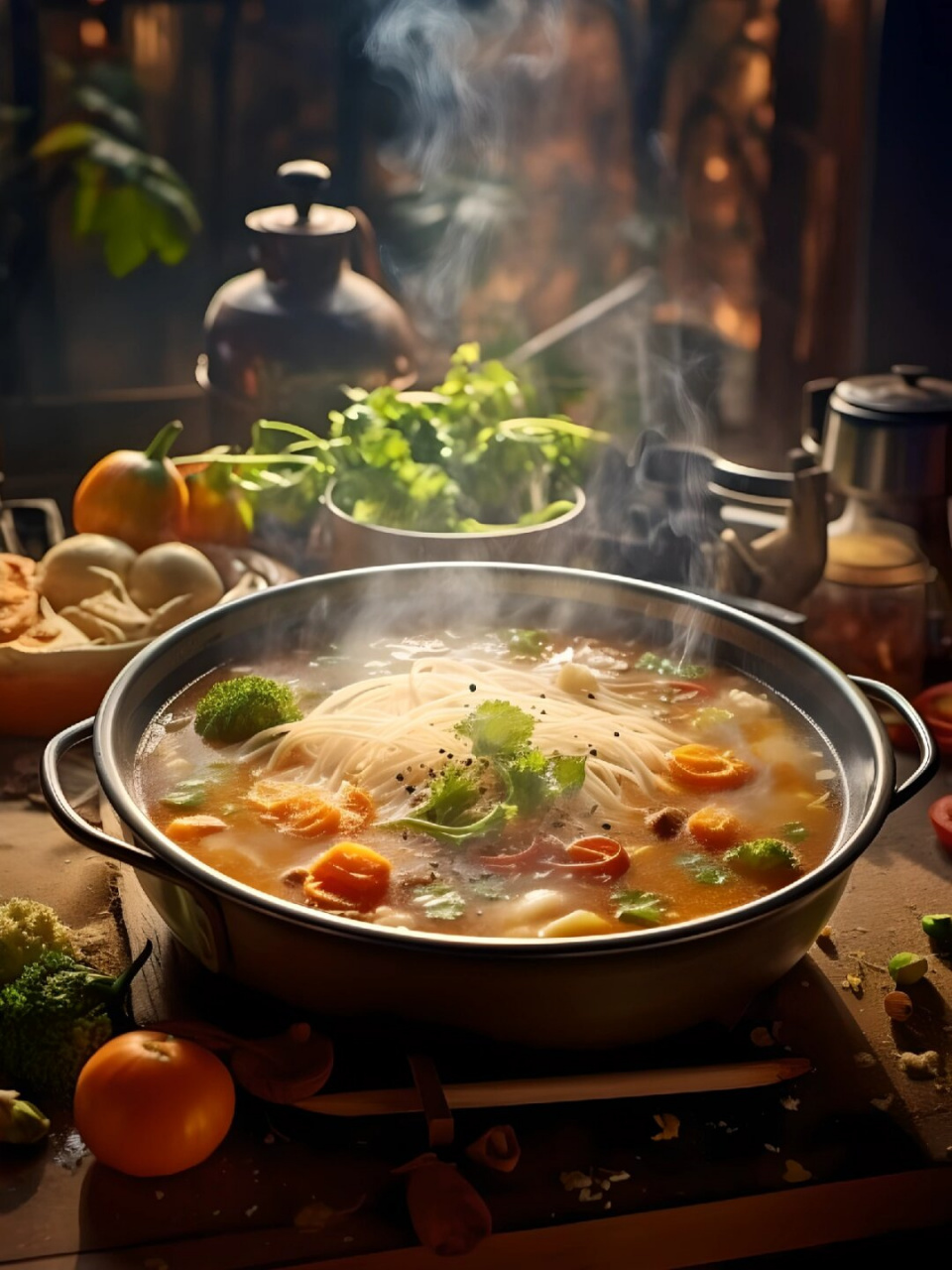 热气腾腾的火锅  为了拍摄出热气腾腾的照片,首先需要选择深色背景.