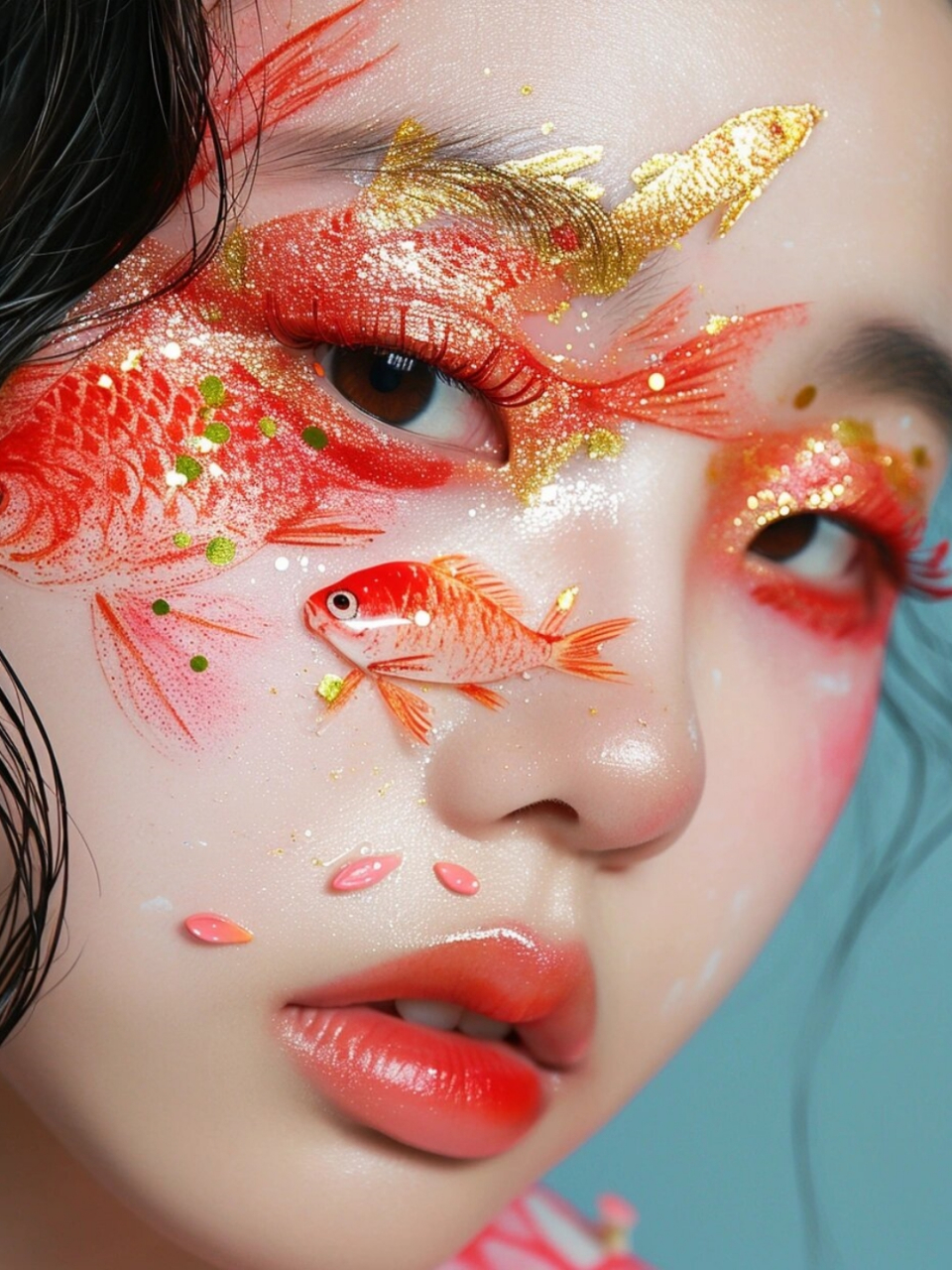 锦鲤系列仿妆是一种充满活力和创意的妆容,它以锦鲤为灵感,将美丽的