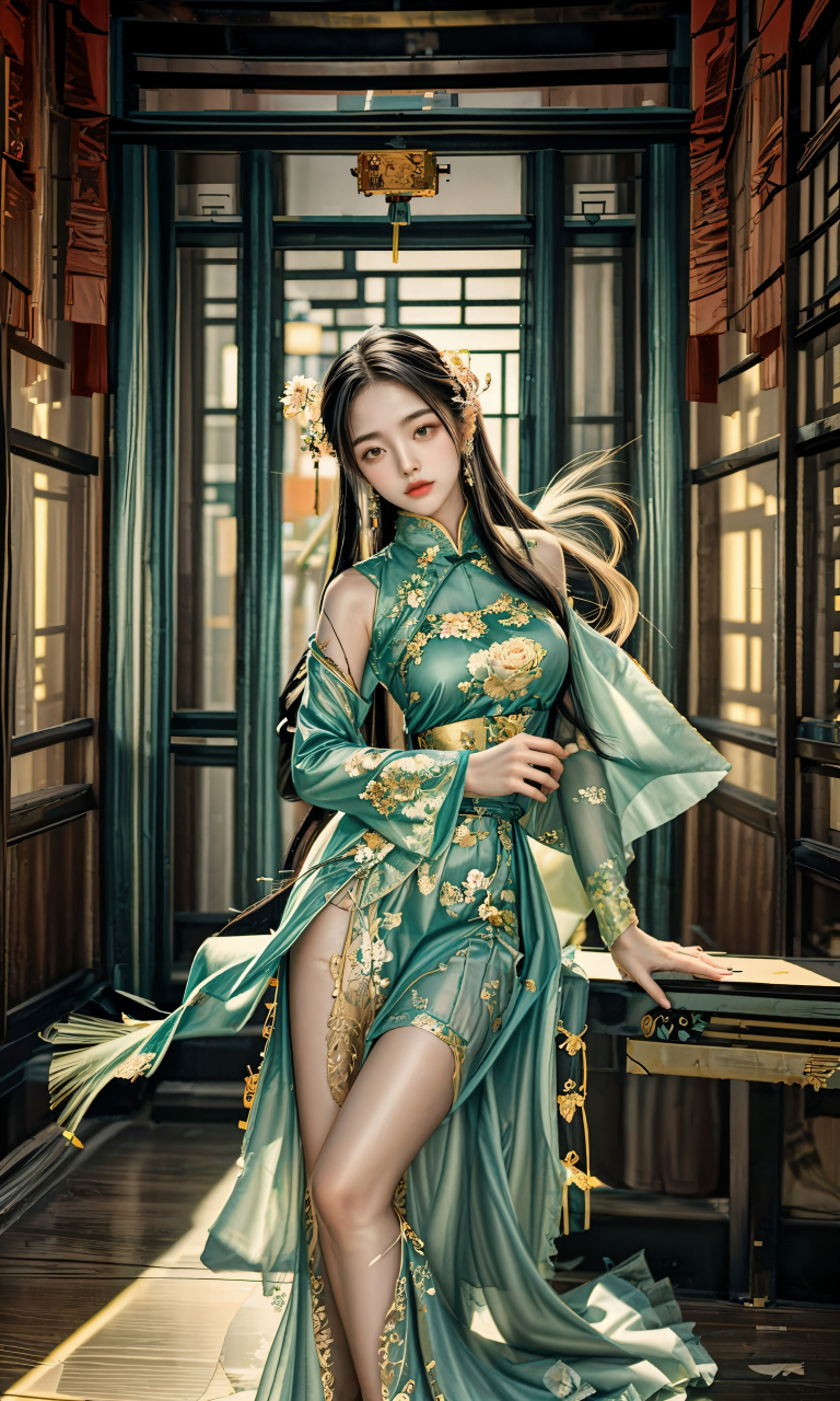 ai美女壁纸 每日ai美女秀她站在花丛之中,绿色薄纱汉服轻柔环绕