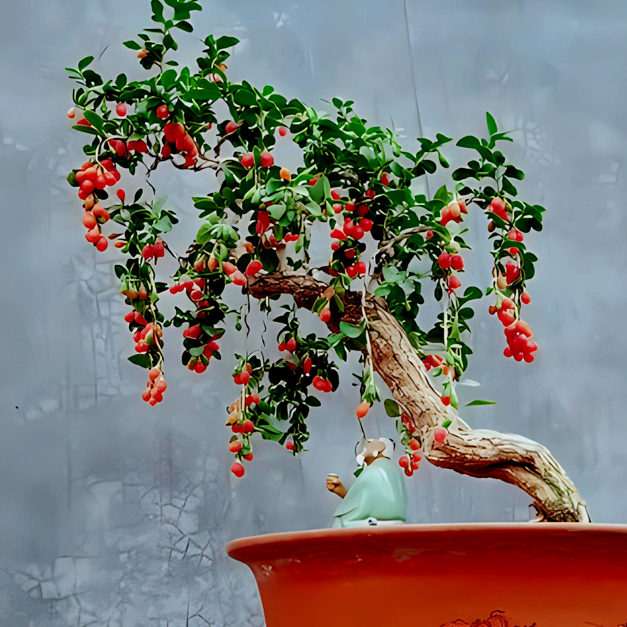 盆景观赏植物#  枸杞         枸杞又称黑果树,是宁夏五宝之一,居有