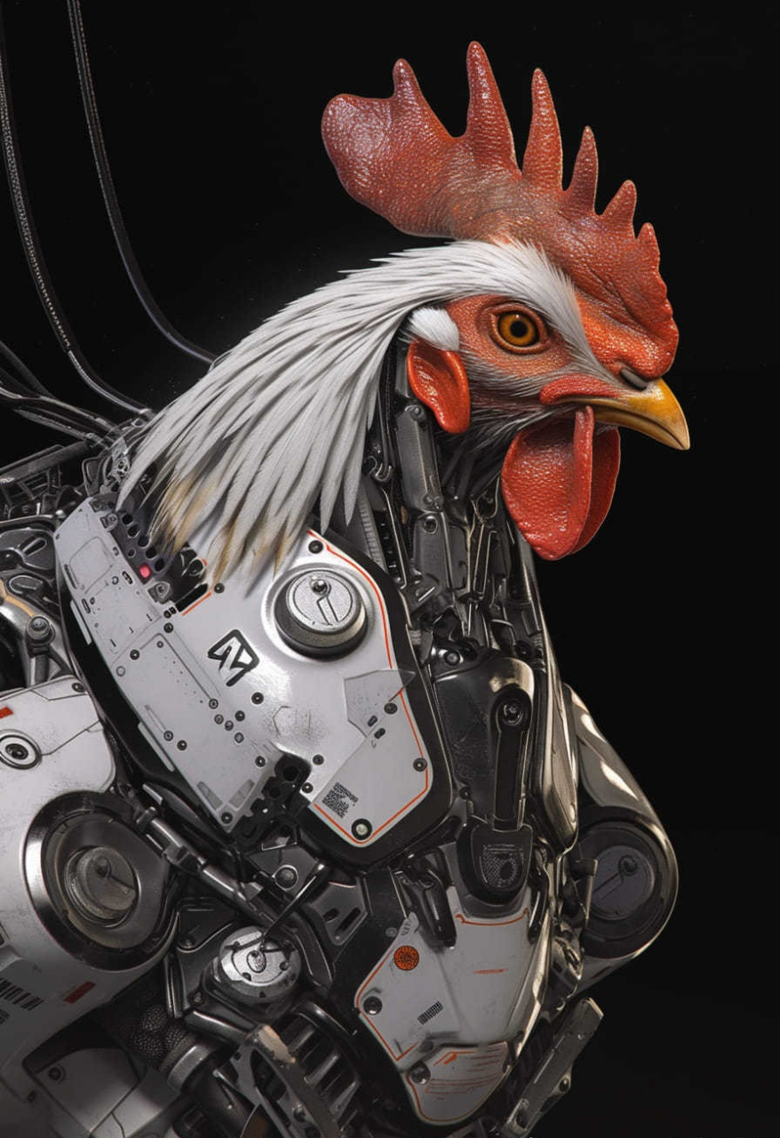 ai生成的一组科幻绘画作品,描绘了与机械合体的公鸡,红色的鸡冠与金属
