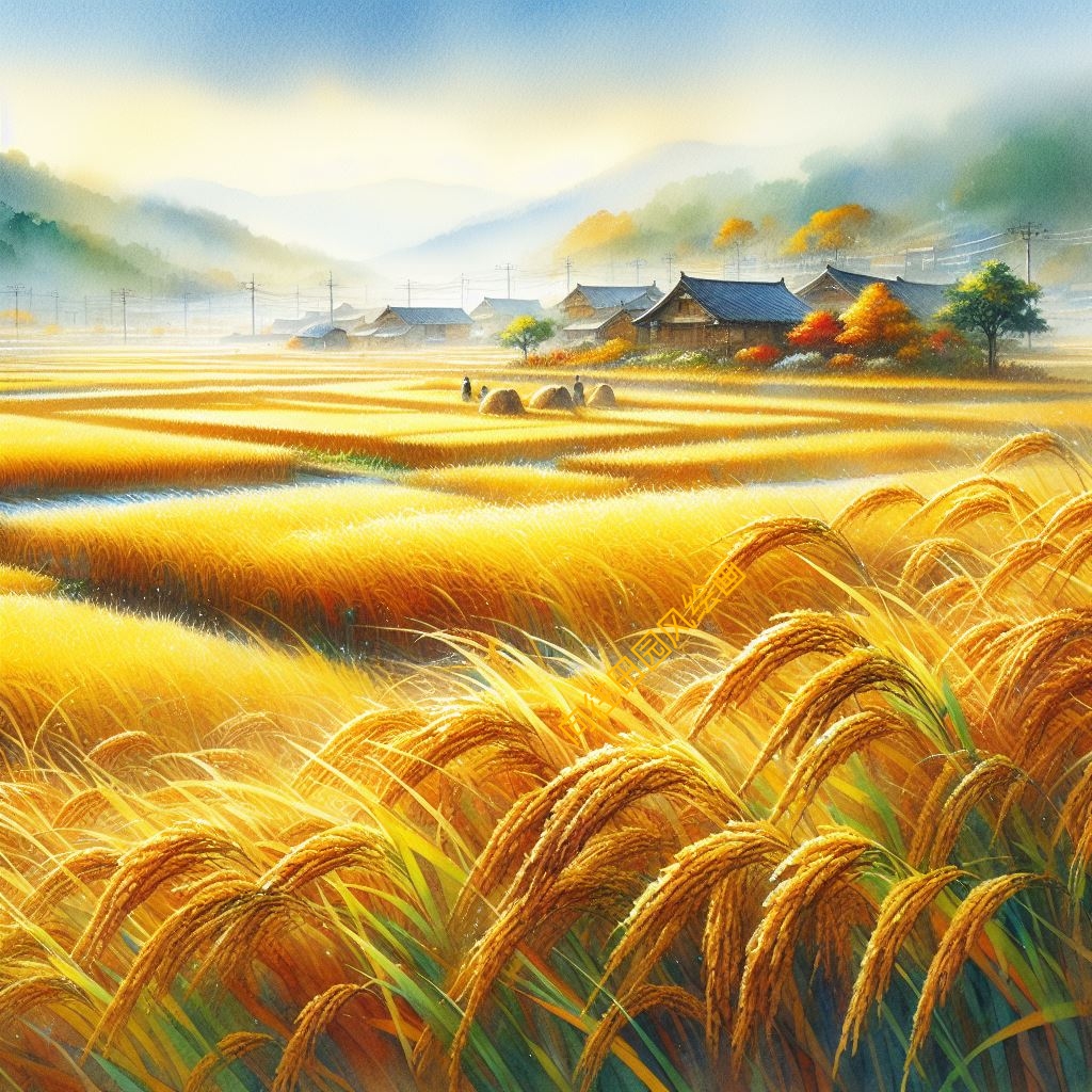 金色丰收,秋日稻田间的水彩田园画