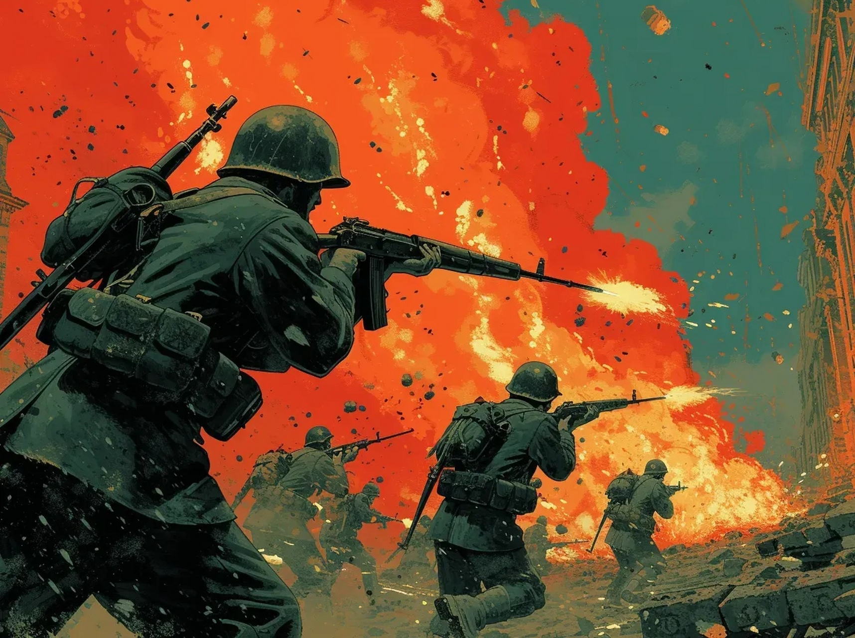 ai生成的一组战斗场景绘画,画面中充满了爆炸的火光