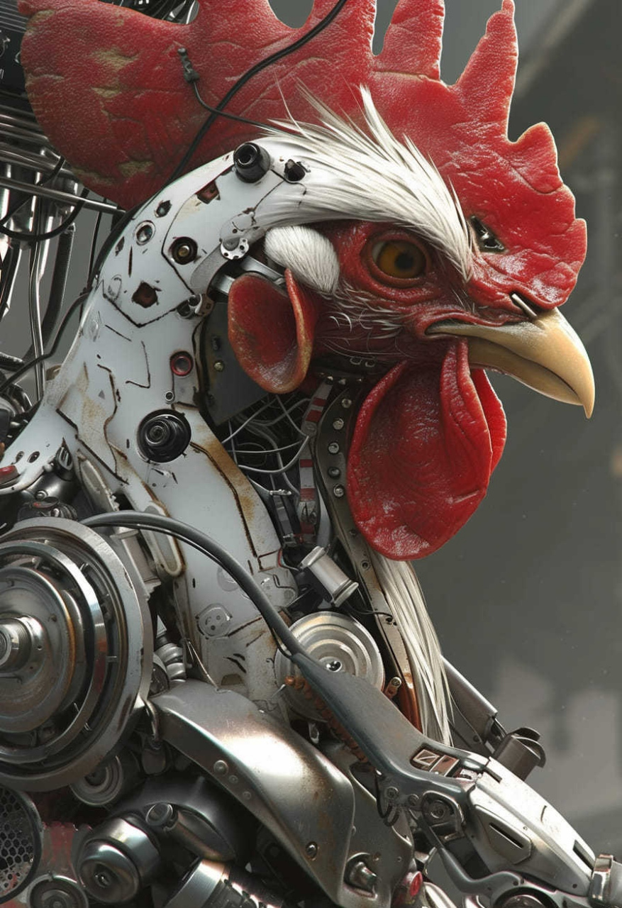 ai生成的一组科幻绘画作品,描绘了与机械合体的公鸡,红色的鸡冠与金属