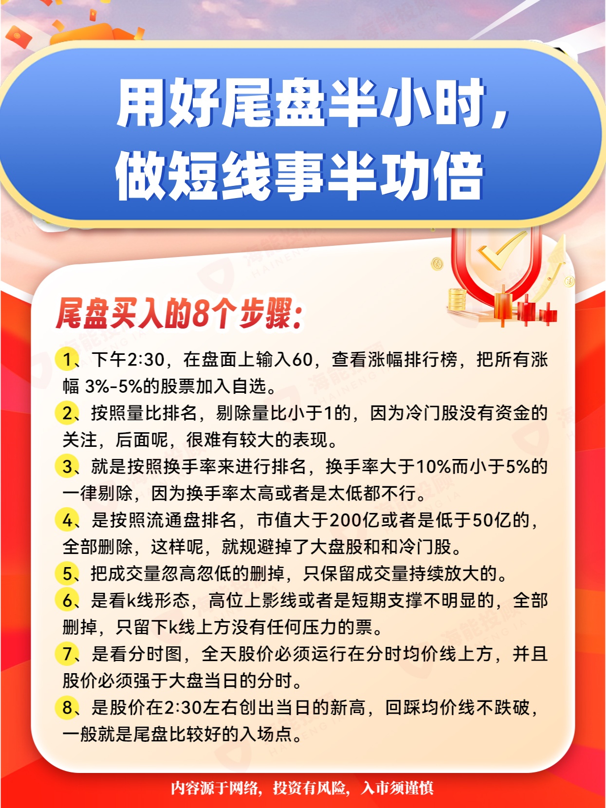 用好尾盘半小时,做短线事半功倍 一,尾盘买入法的优势 第一:不论