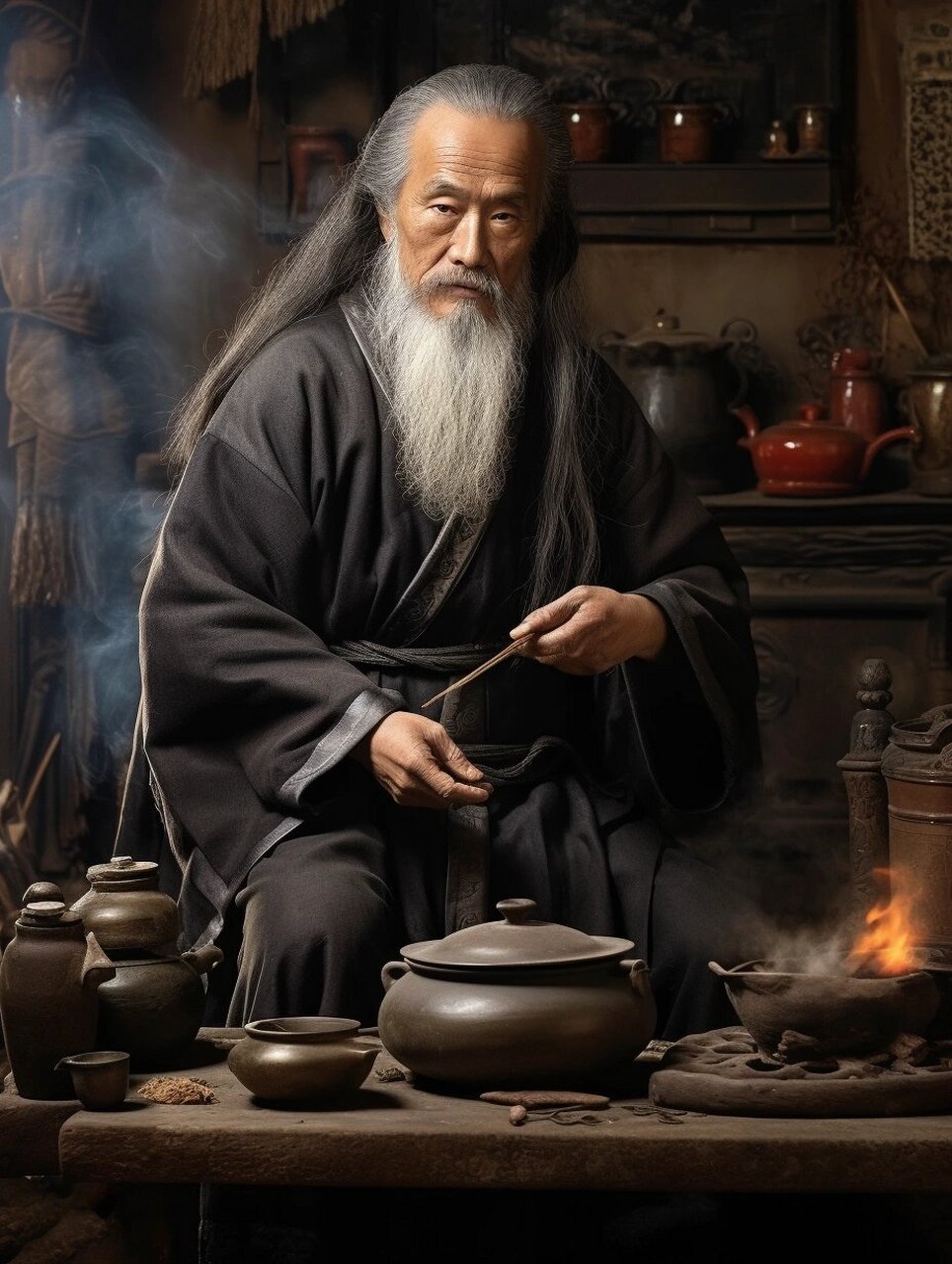 在深邃的古风世界里,有一位熬药老者,身姿矍铄,面容慈祥