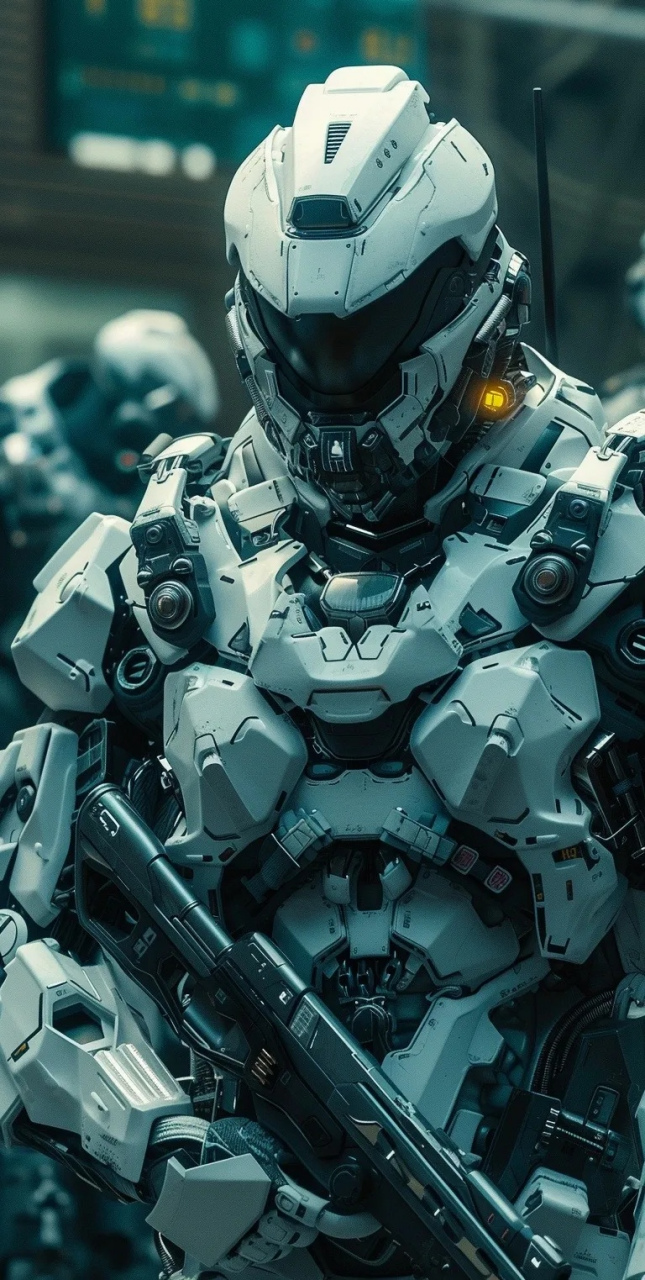 ai生成的一组科幻机甲作品,展现了身着外骨骼铠甲的战士,装甲表面细节