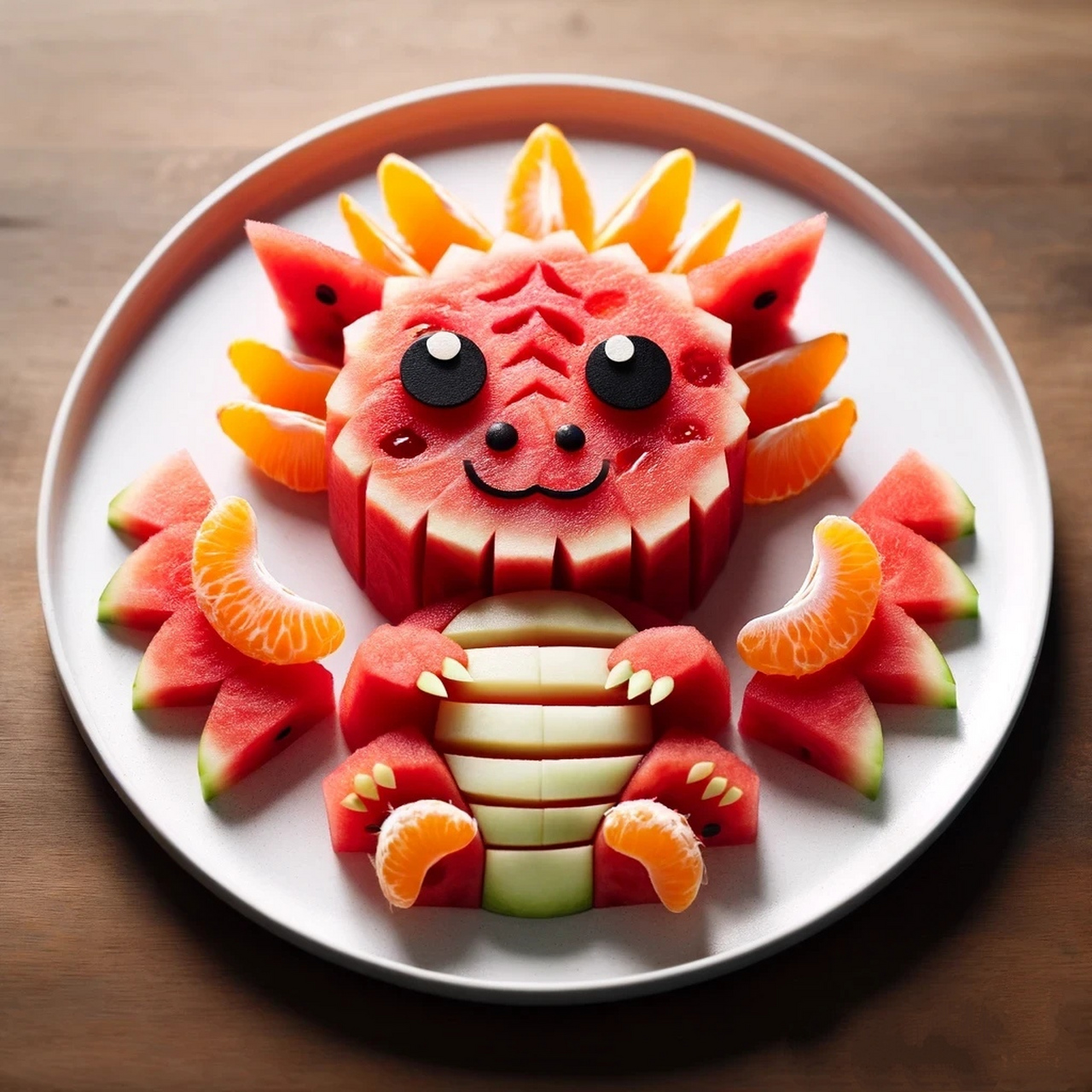 年夜饭水果摆盘,由ai生成的可爱龙造型,你喜欢吗?