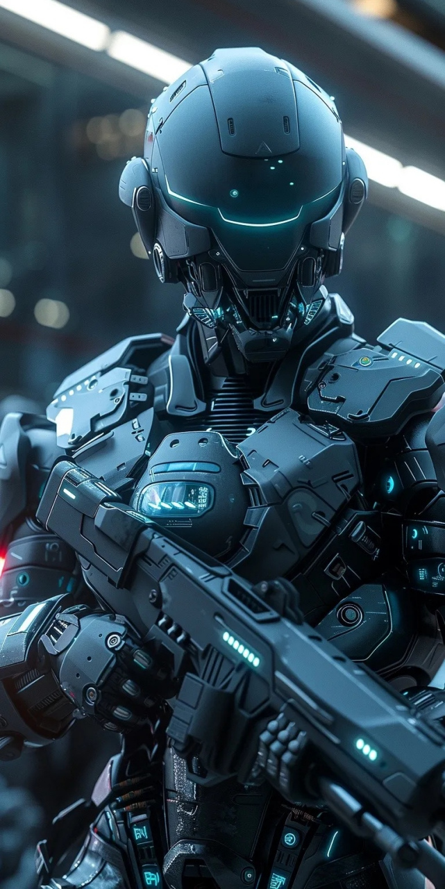 ai生成的一组科幻机甲作品,展现了身着外骨骼铠甲的战士,装甲表面细节