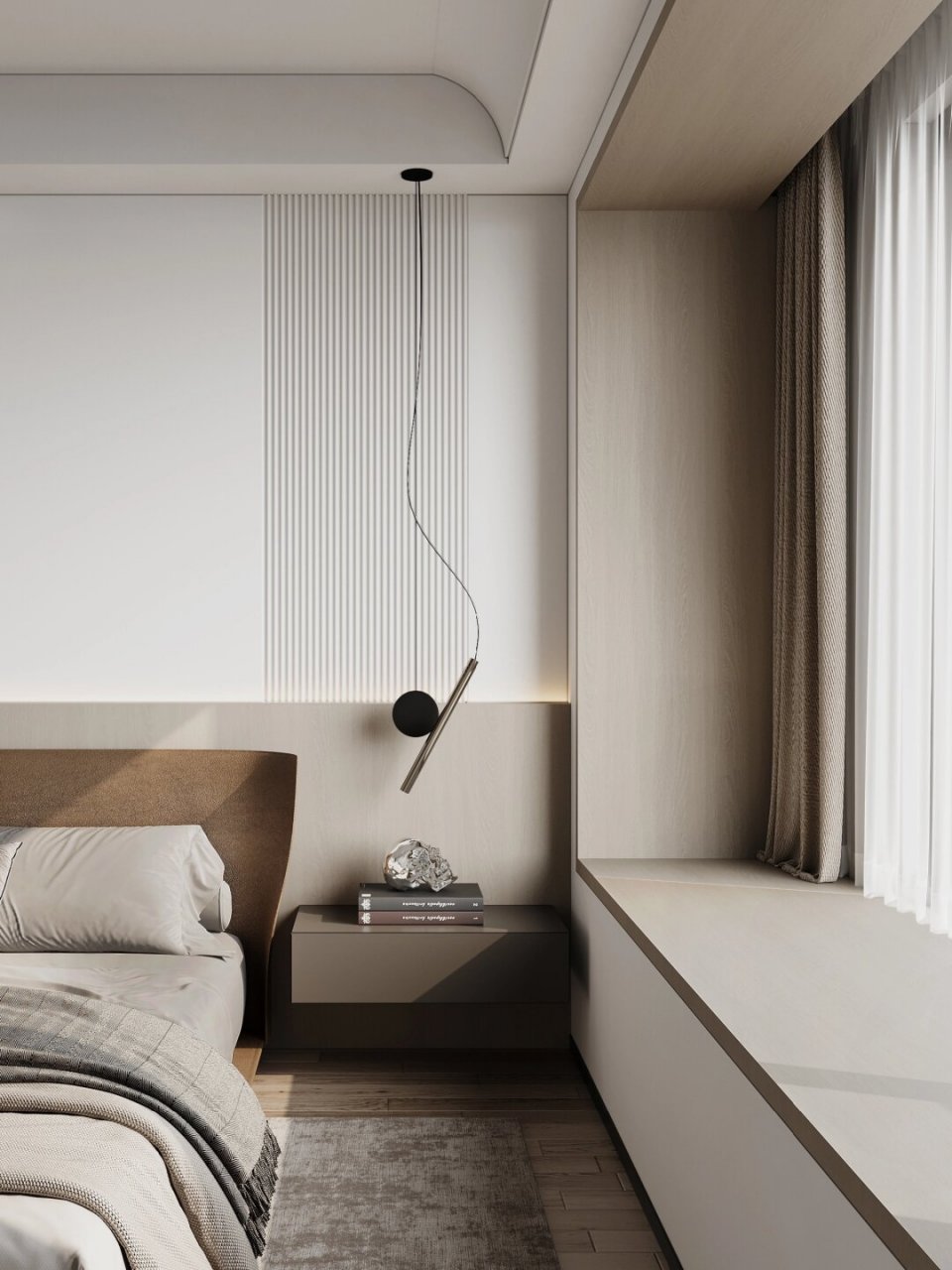 被邻居夸爆的意式轻奢风卧室  我的床头背景墙采用简单的木饰面做内嵌