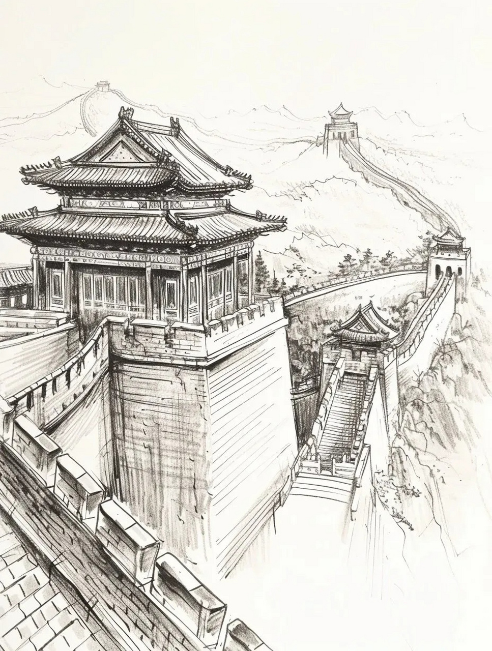 ai生成的一组长城线稿作品,用优美的线条描绘出雄伟壮观的古代建筑