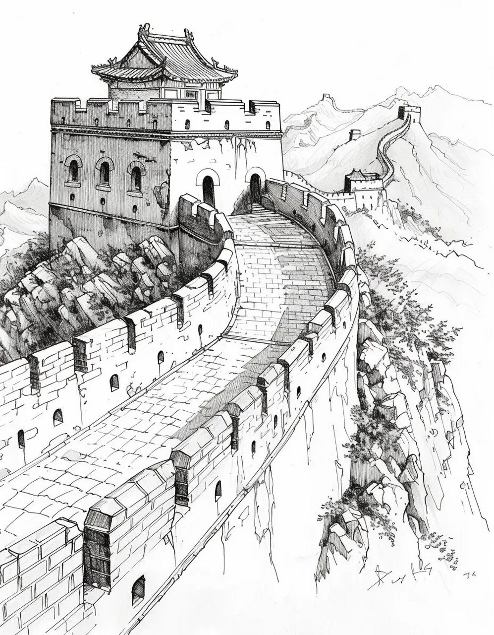 ai生成的一组长城线稿作品,用优美的线条描绘出雄伟壮观的古代建筑