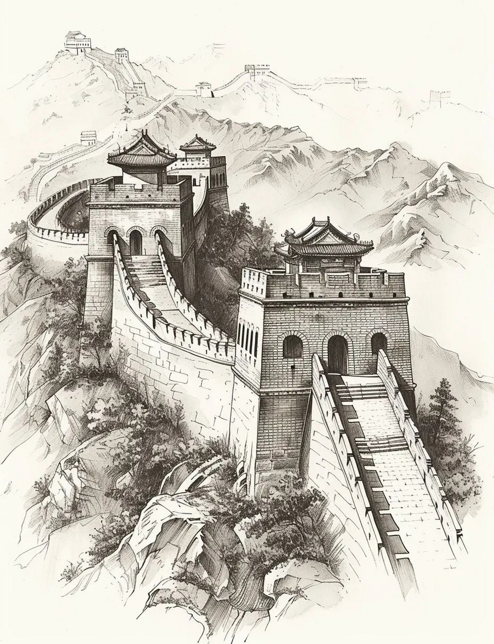 ai生成的一组长城线稿作品,用优美的线条描绘出雄伟壮观的古代建筑.