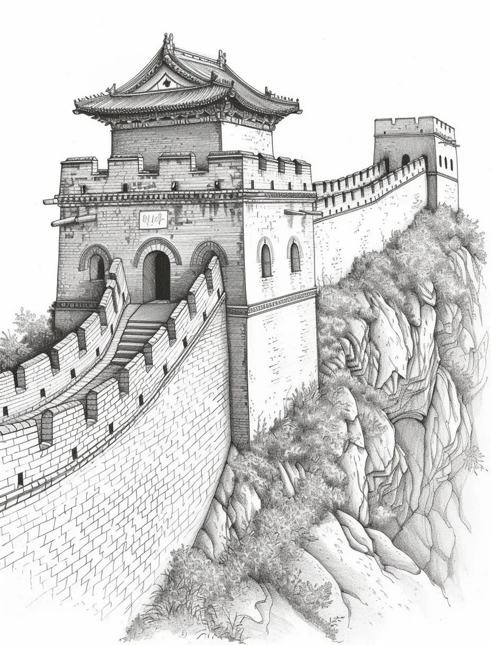 ai生成的一组长城线稿作品,用优美的线条描绘出雄伟壮观的古代建筑