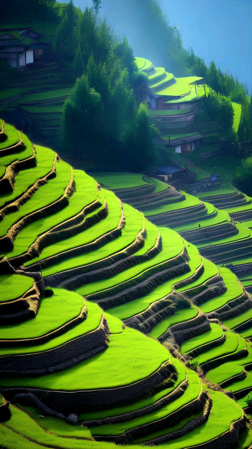 在群山环抱之间,梯田如画般铺展,绿意盎然.村庄静谧,唯美得仿佛是梦境