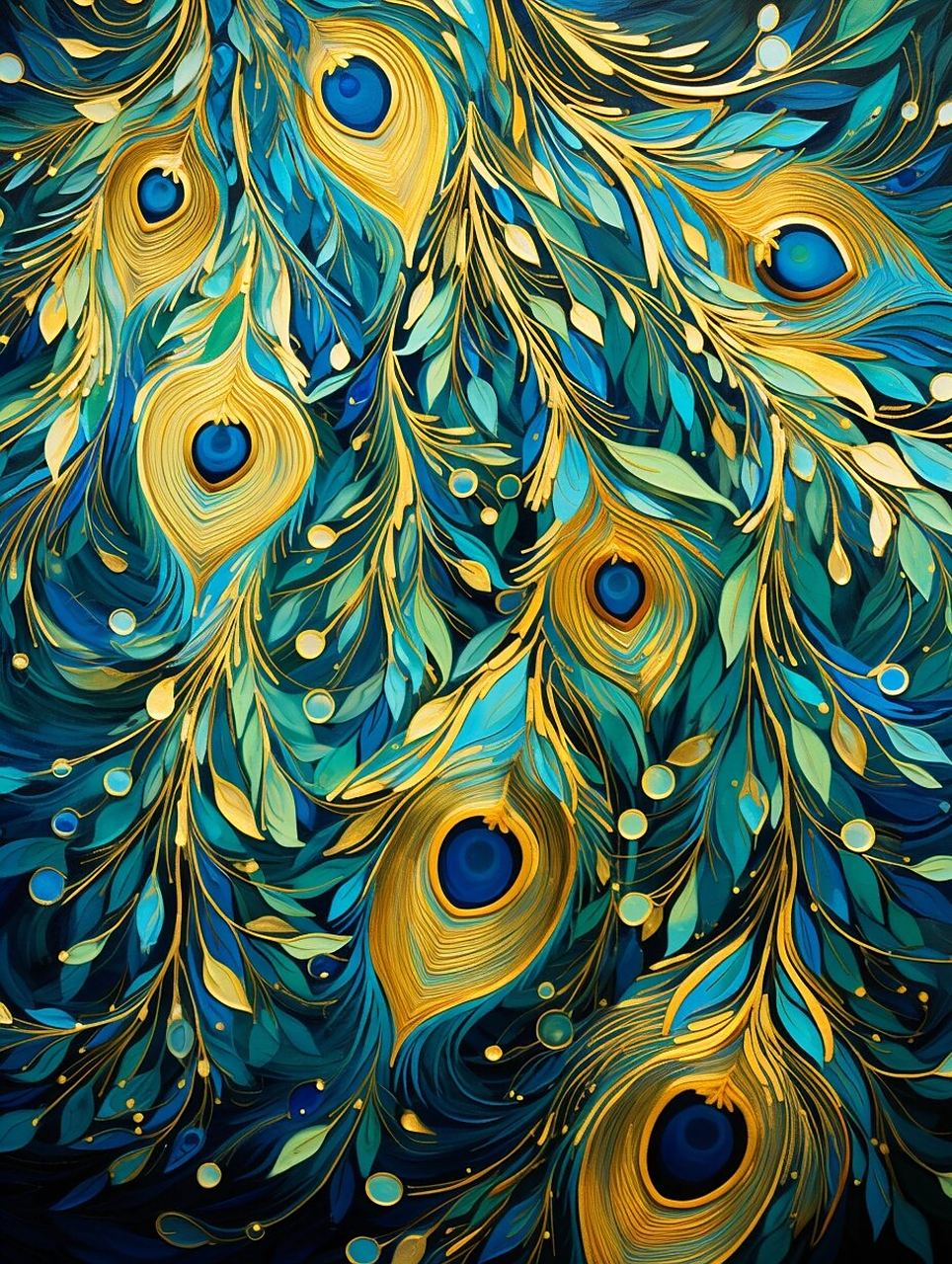 孔雀羽毛的抽象艺术:蓝绿金层次