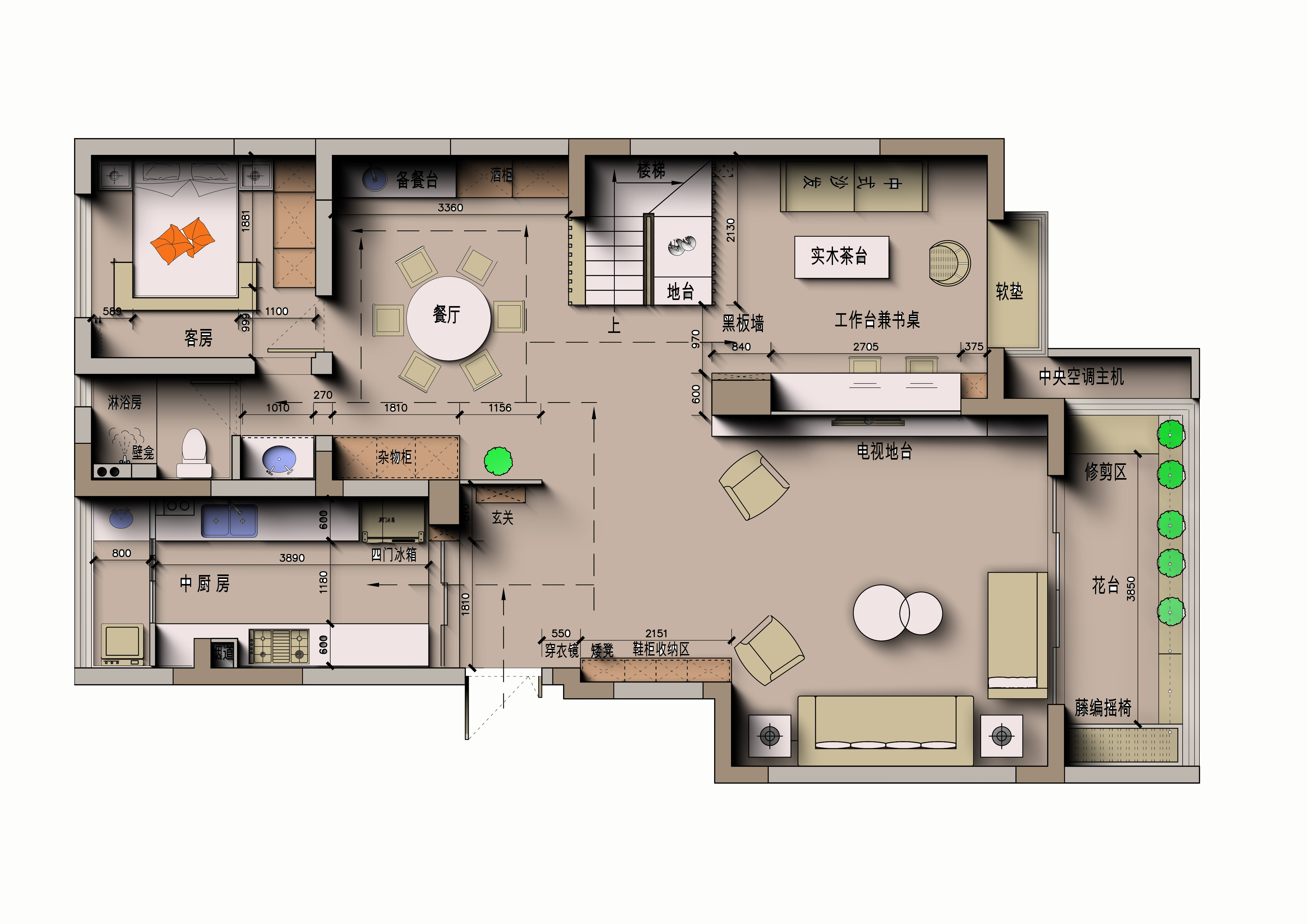 设计思路:空间采取大开放式,客厅,餐厅,茶室都