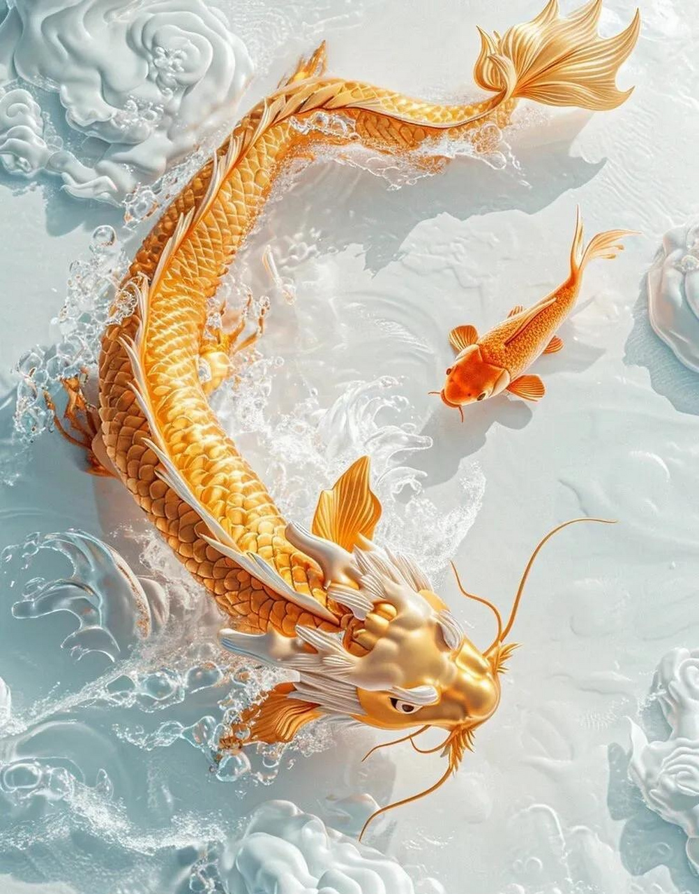 一组充满节日色彩的插画作品欣赏,描绘了鲤鱼化龙的场景,象征着吉祥与