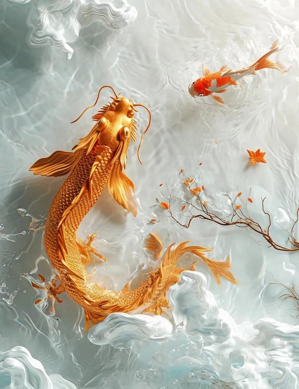 一组充满节日色彩的插画作品欣赏,描绘了鲤鱼化龙的场景,象征着吉祥与