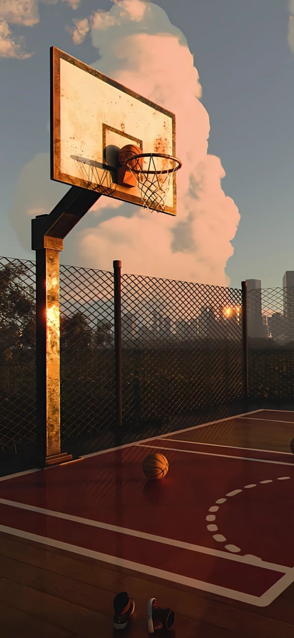 这款壁纸以蓝天白云为背景,中央是一个简约而现代的篮球场