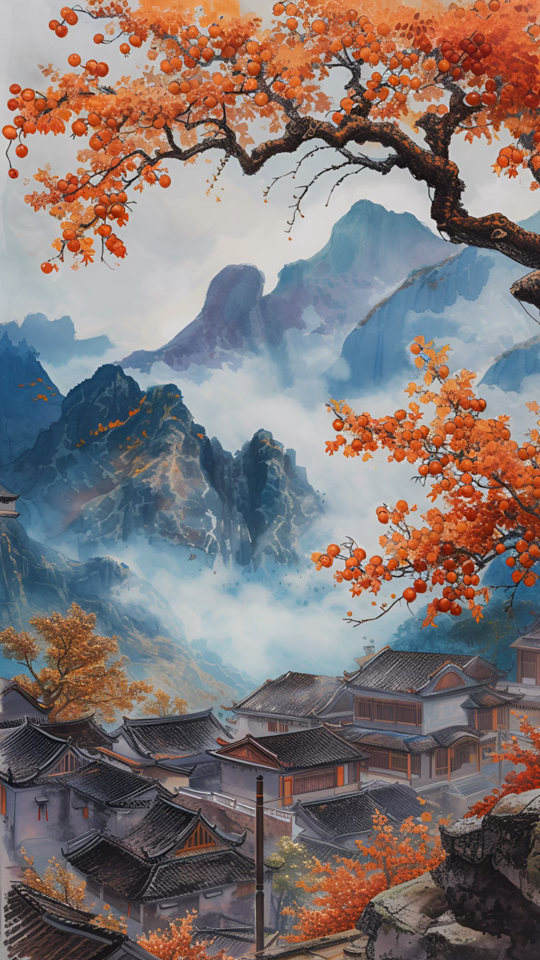 水墨画的乡村风景:柿子树,老屋与大山的完美融合!