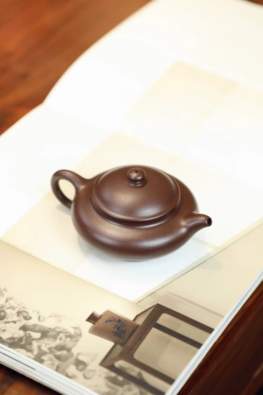 壶身极扁,配以弯流圈把,相较而言流把稍粗#茶生活# #紫砂壶# #优质