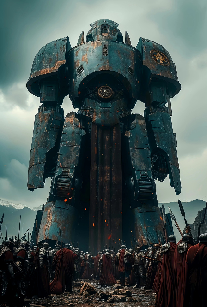 ai生成的一组机甲插画作品,描绘了体积巨大的机甲,伫立在人群之中