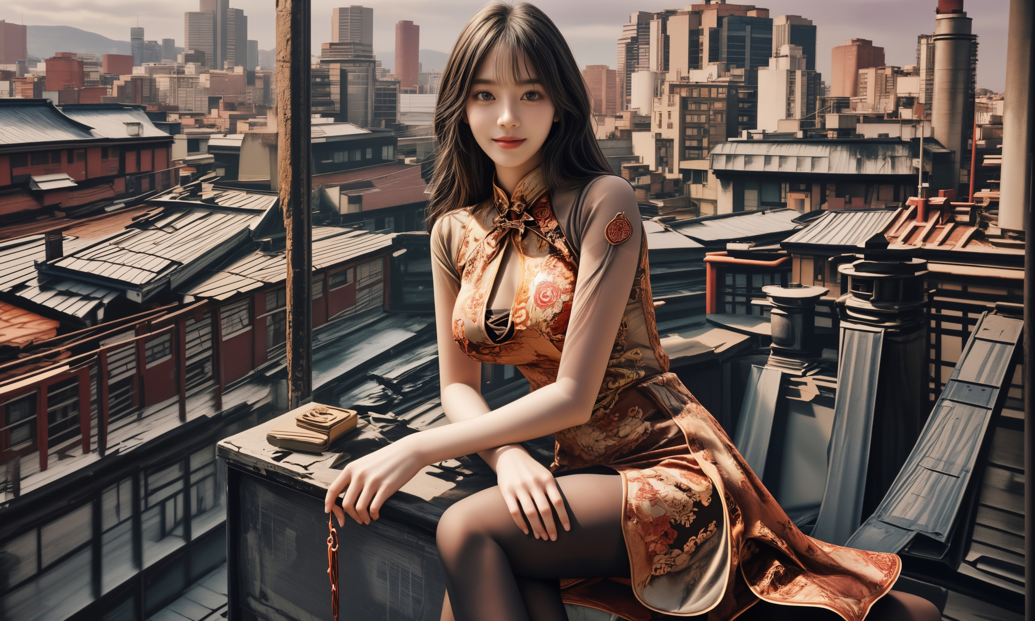 ai美女壁纸# 每日ai美女秀	红色旗袍美女在古建筑的回廊里与亲朋河蜒