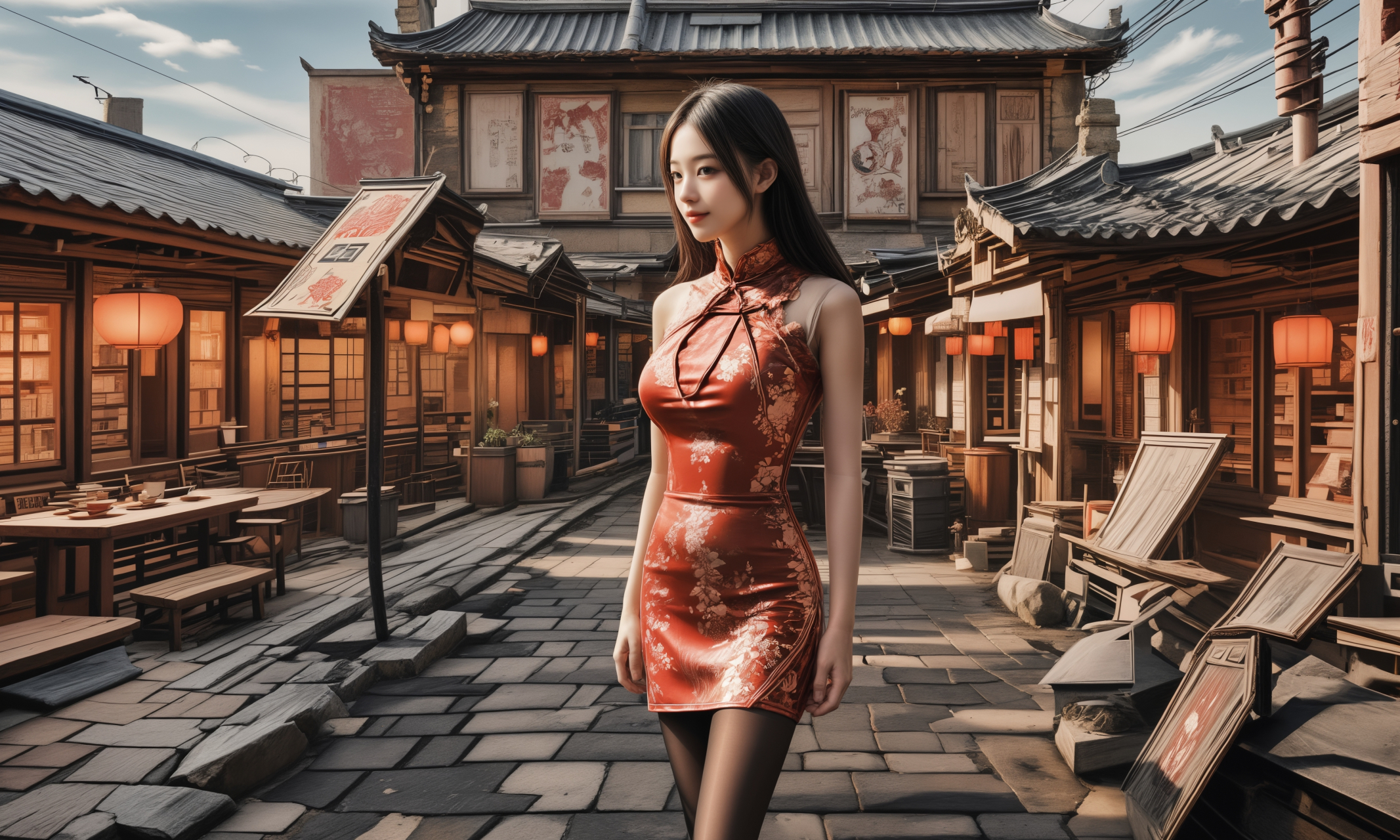 ai美女壁纸# 每日ai美女秀	红色旗袍美女在古建筑的门前拍照留念,她