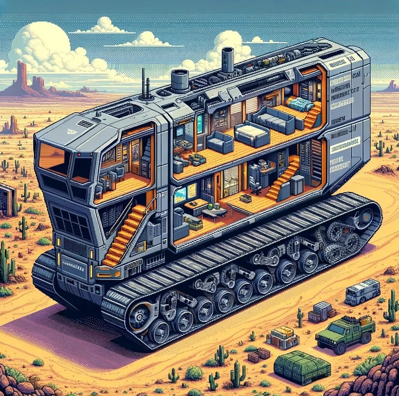 ai生成的一组末日装甲车插画作品,采取了轮式或者履带底盘,安装有巨大