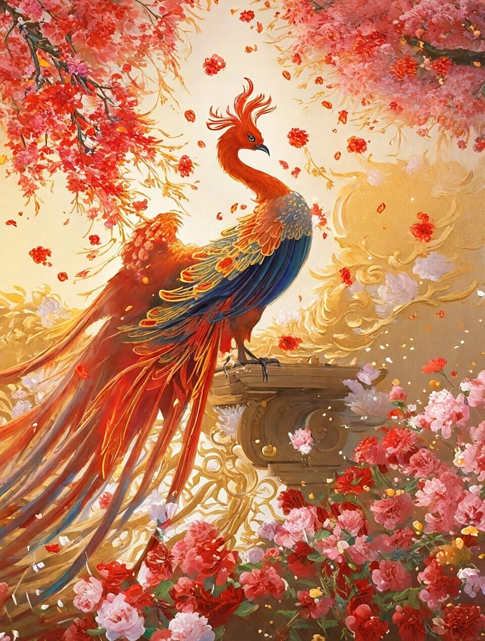 一组ai生成的凤凰插画作品,主题为"百鸟朝凤",展现了华丽而具有威严的