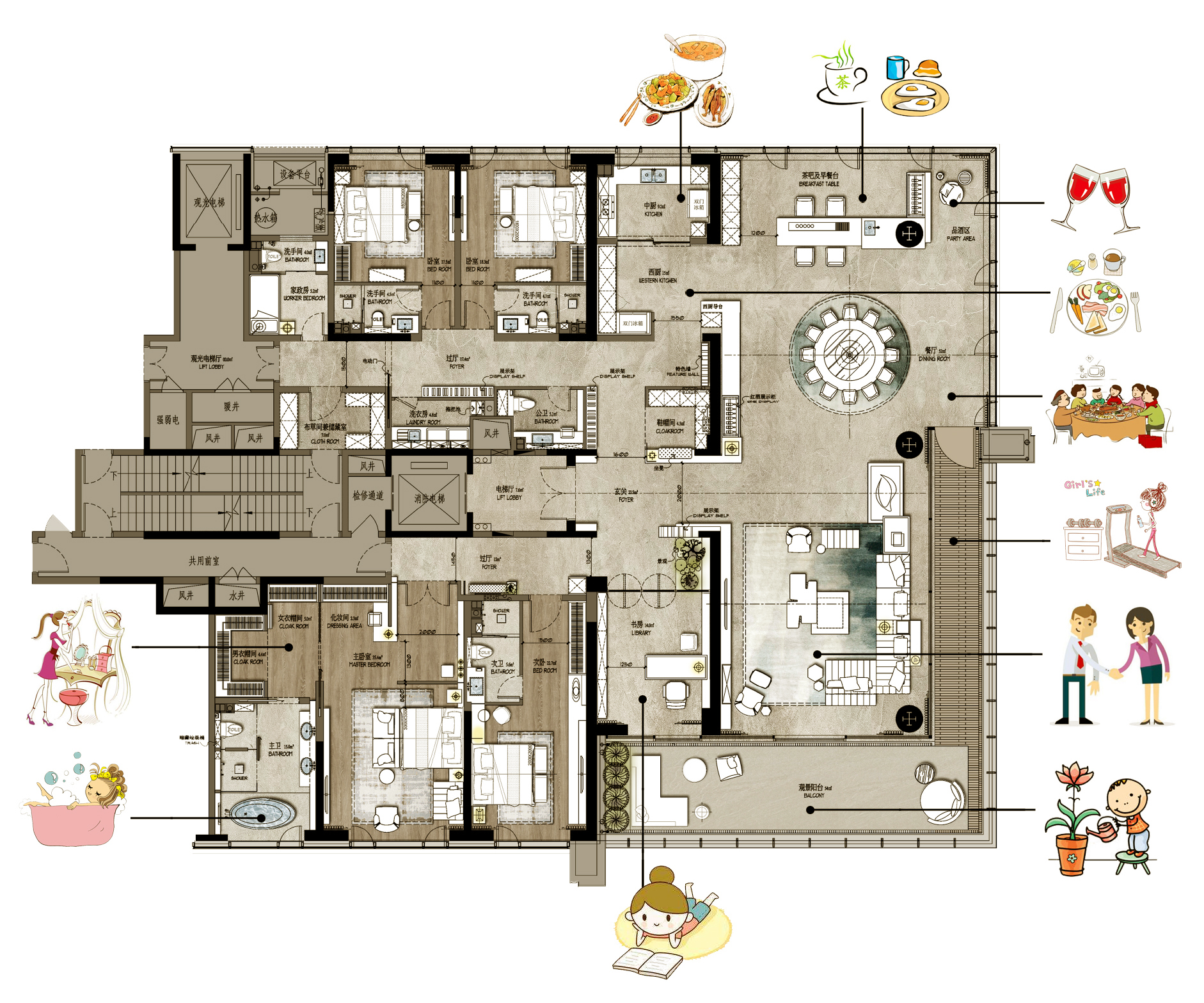 卧室全部都有卫生间,这完全是顶级的豪宅