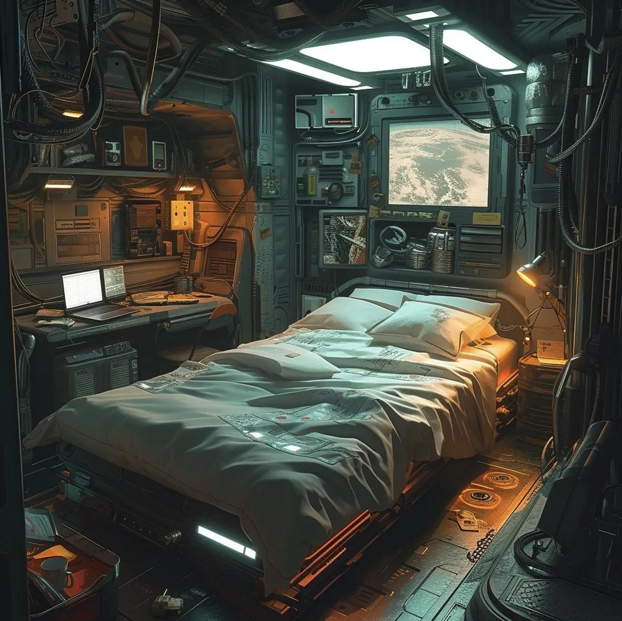 ai生成的一组科幻场景作品,描绘了太空站上的生活舱室,展现了其风格和