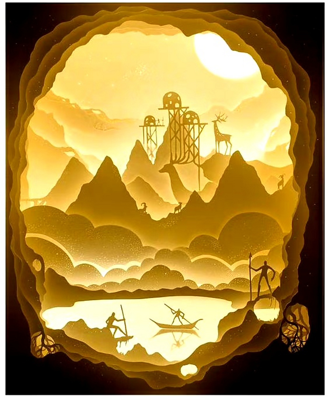 艺术家hari deepti制作的立体纸雕灯箱,用刻刀描绘了森林中的传说故事