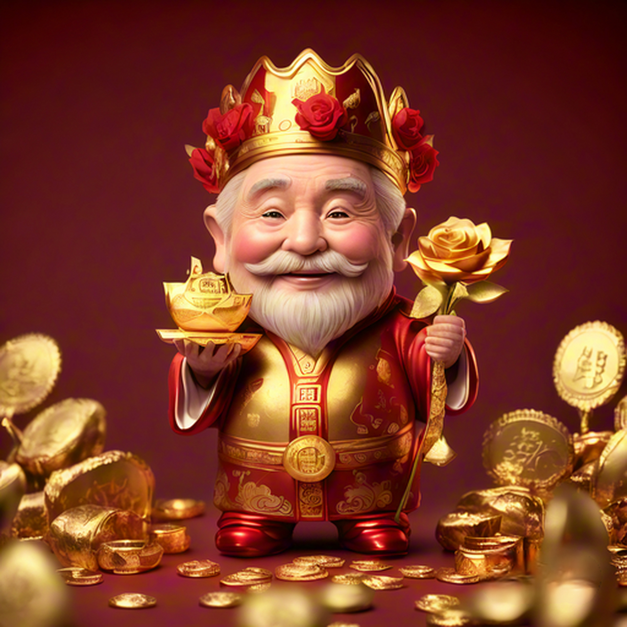 左手捧满金元宝,右手持花赠意长. 财神爱神同降临,福爱双至喜洋洋.