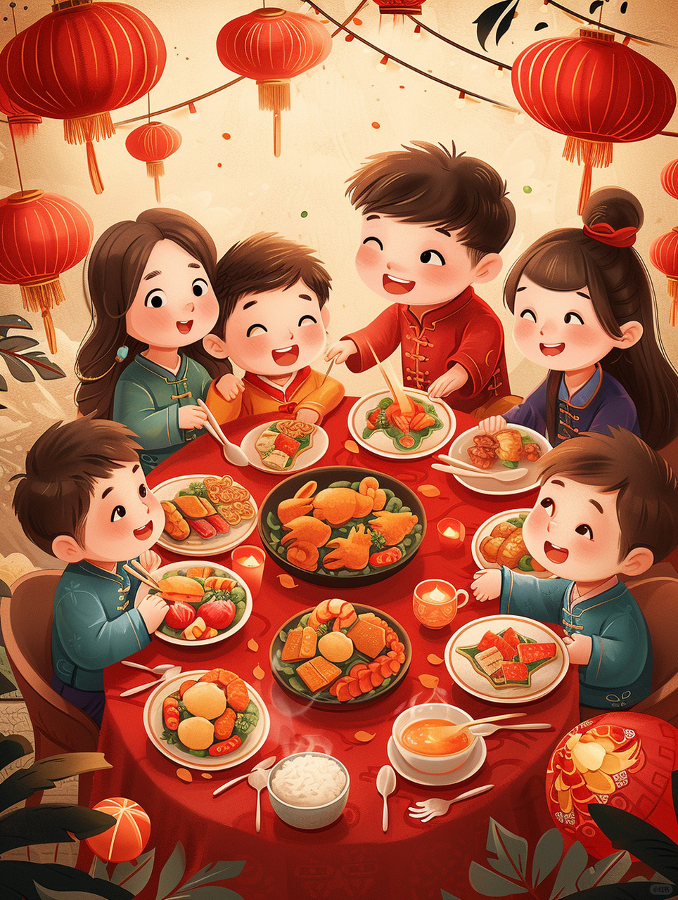 这幅插画描绘的年夜饭场景,那红火热闹的画面瞬间把人拽回到小时候