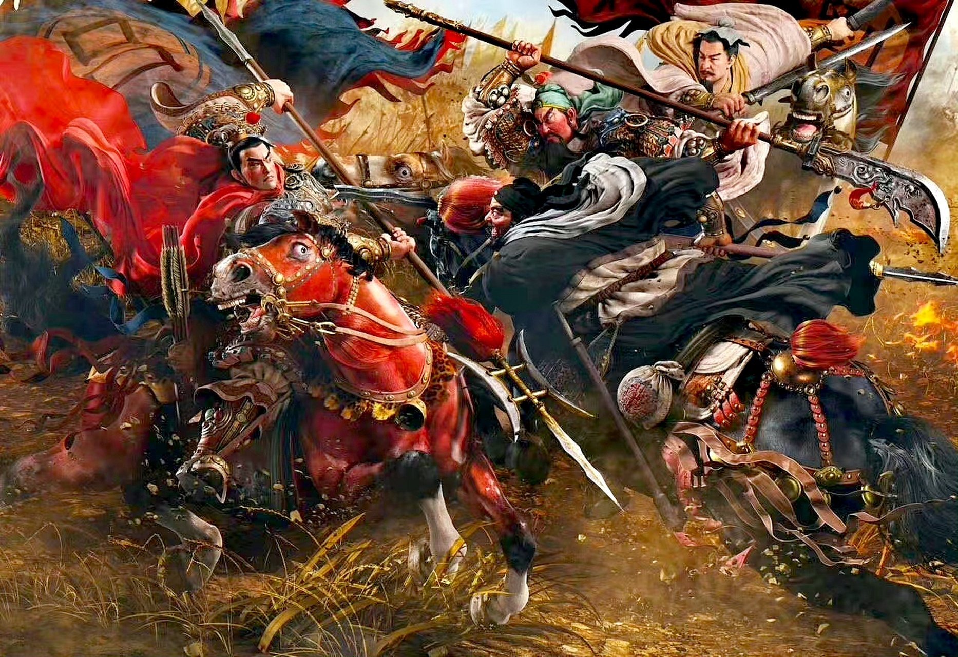 一组油画作品欣赏,三英战吕布,出自名著《三国演义》,描绘了吕布与刘