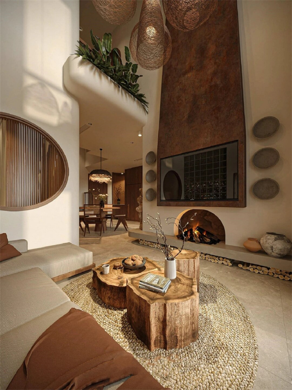 🌈 墙面艺术漆的选择更是画龙点睛之笔,而电视墙背后的壁炉设计则让