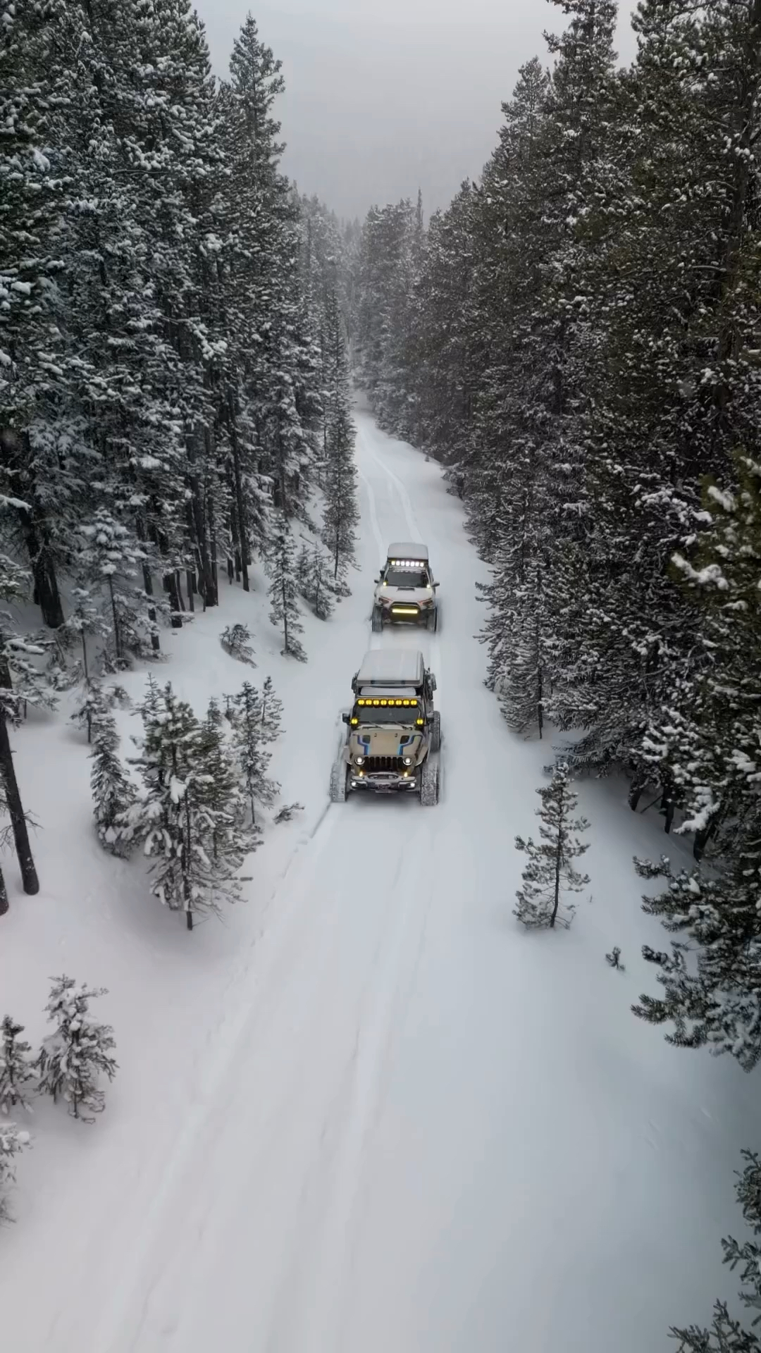 大雪纷飞的冬天真不敢在山上多逗留吉普牧马人雪地前行