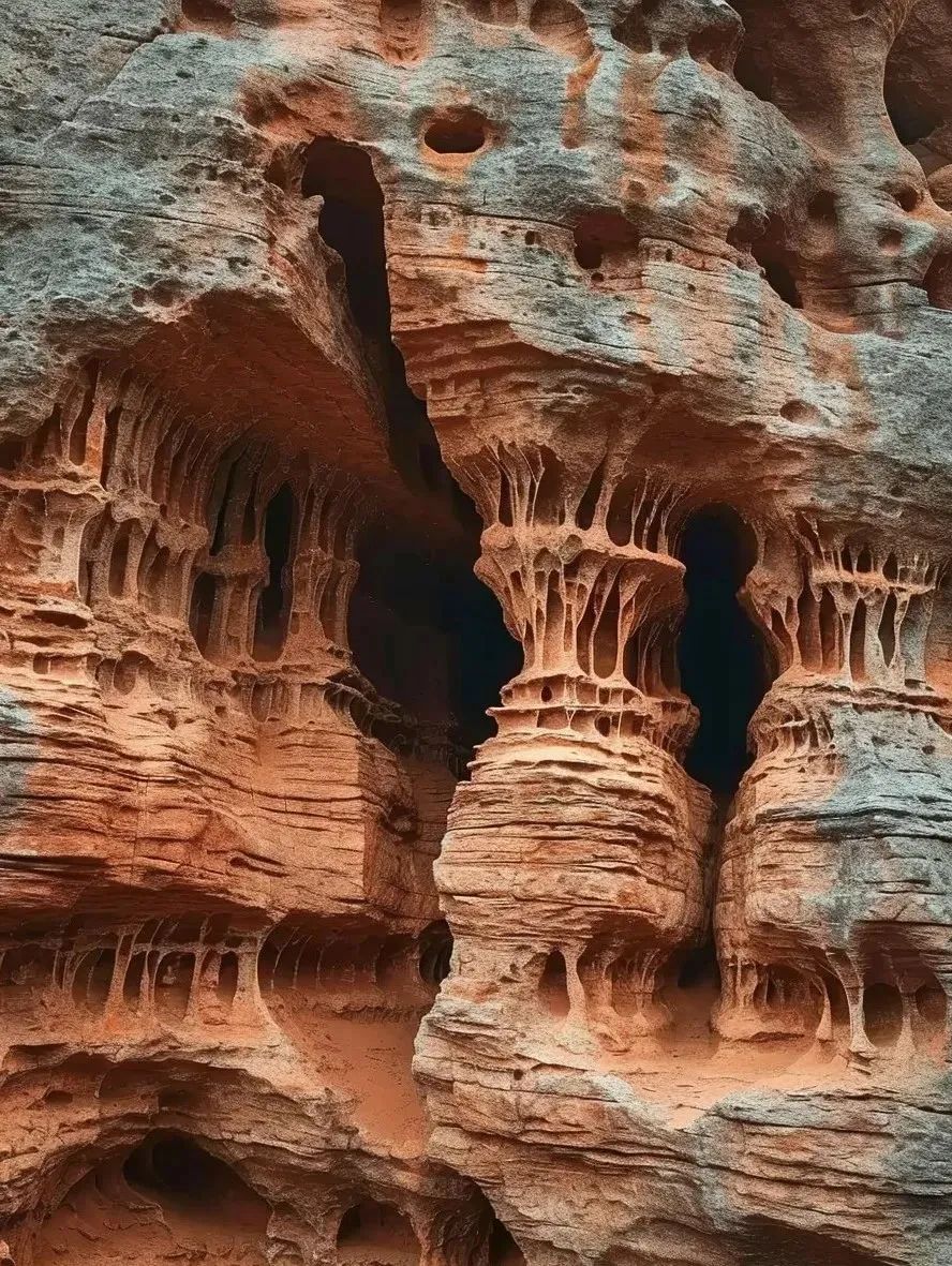 风蚀地貌:在干旱荒漠地区,风通过对地面物质的吹蚀和