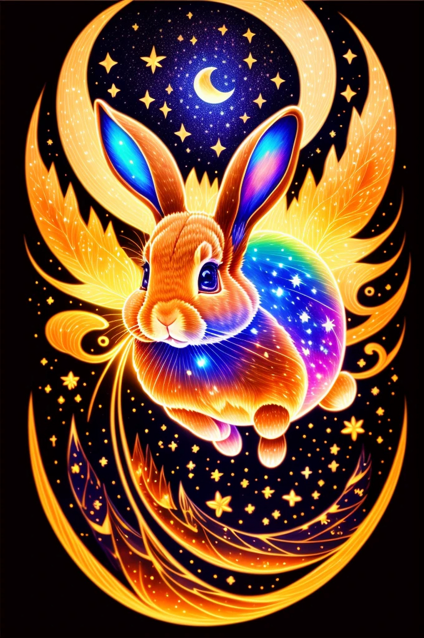 彩色兔子在夜空中奔跑,孤立在黑色背景上,雄伟而梦幻,令人惊叹的渲染