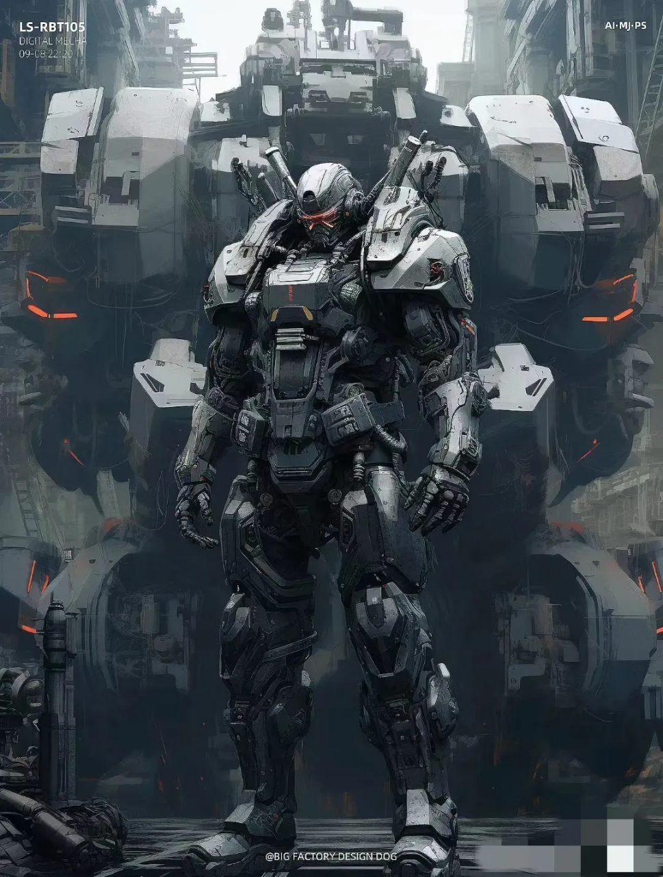 ai生成的一组机甲科幻作品,描绘了身着外骨骼铠甲的士兵与待命中的