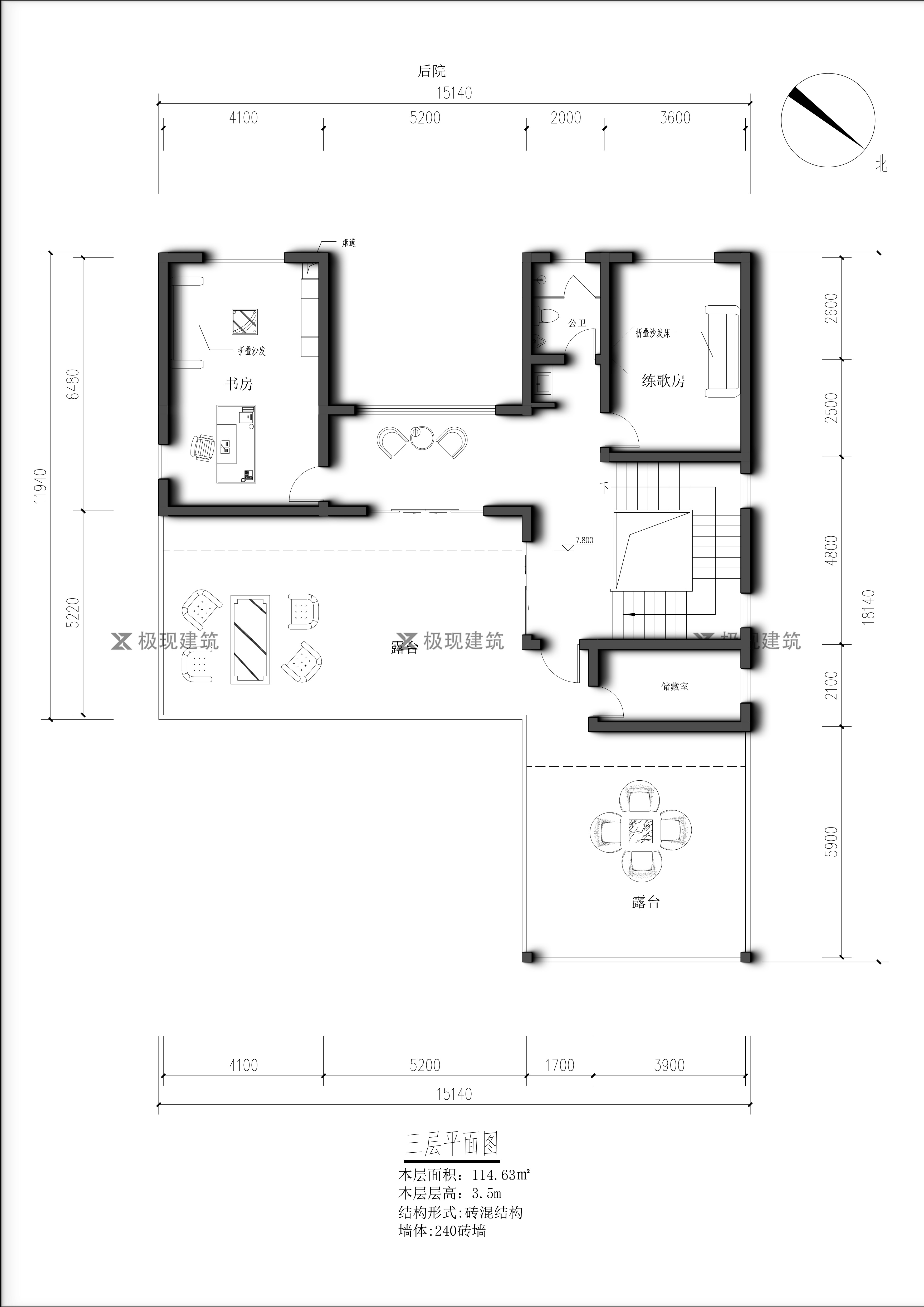 湖南邵阳丨三层风格自建别墅,建筑尺寸:14.9m×26.6m