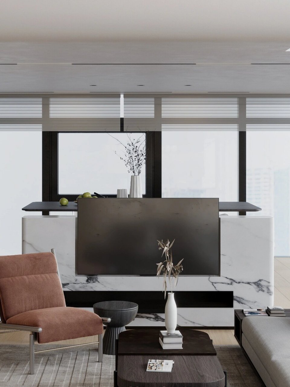 江景大客厅视野零死角  92打造开放通透空间,巧妙挂上大电视