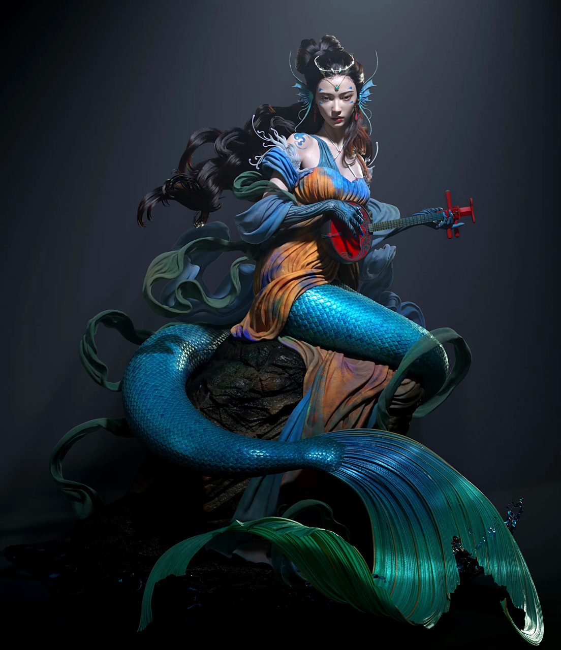 建模欣赏:罗其胜老师新的建模作品《人鱼》,将伊吹鸡腿子的原画立体的