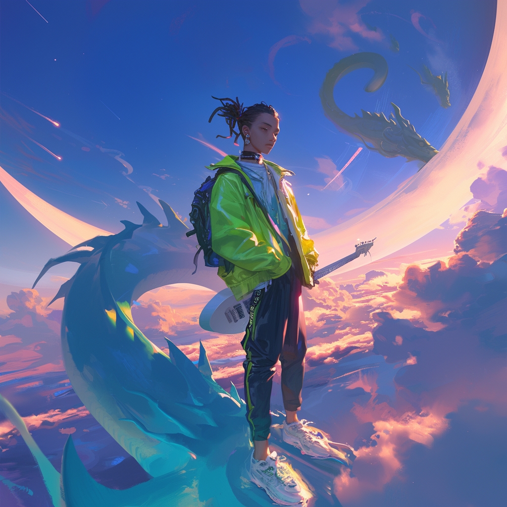 龙年ai画龙第45期作品,在月亮之上弹吉他