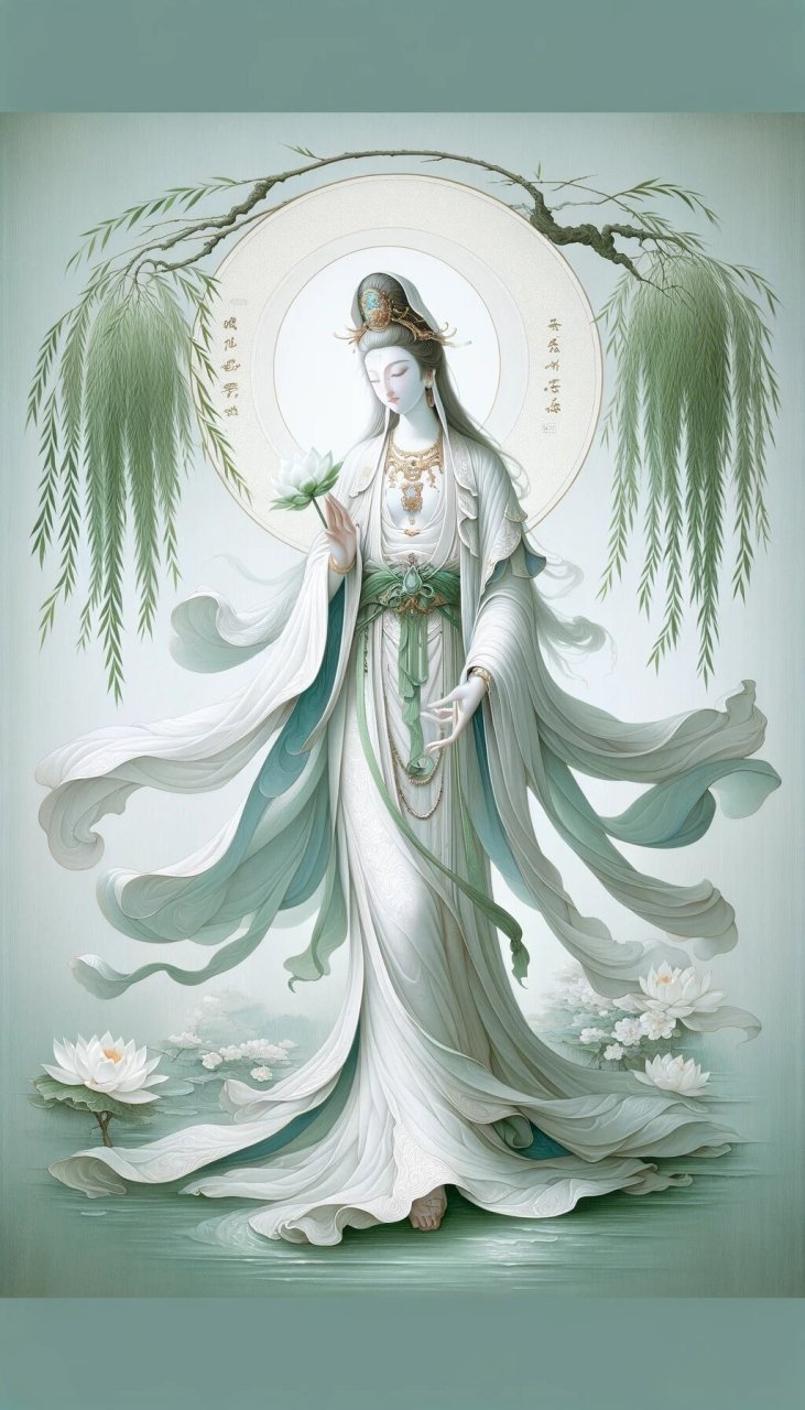 杨柳观音—观音33相之一  民间形象:又称圣观音,右手持杨柳,左手掌姿