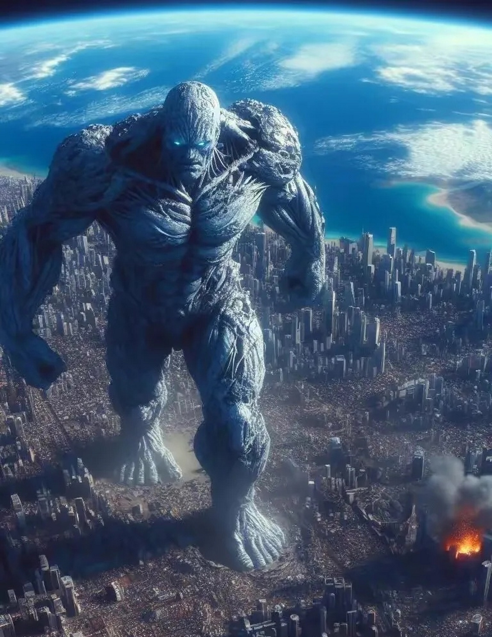 ai生成的一组科幻场景作品,展现了哥斯拉和巨人降临地球的景象.
