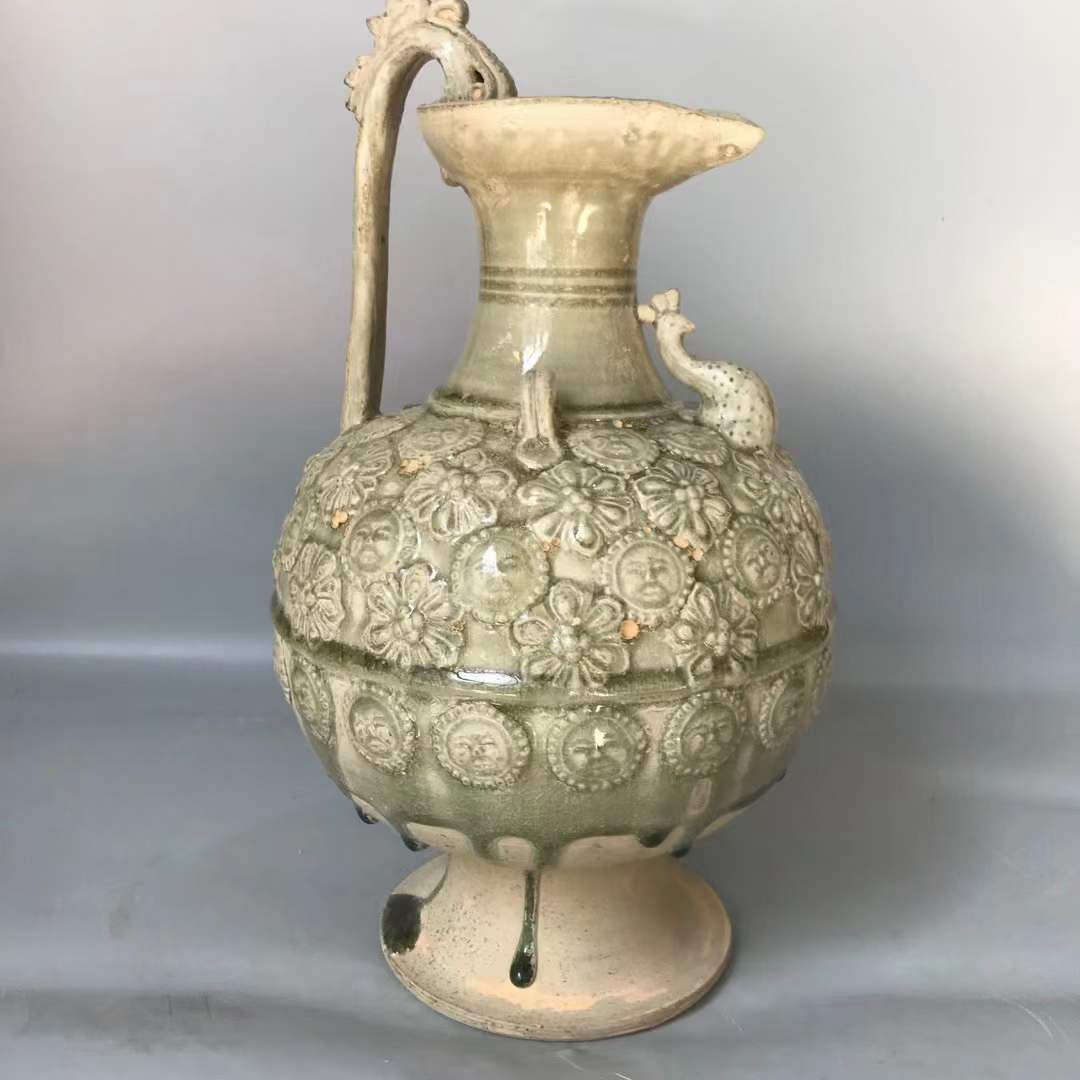 相州窑青釉堆贴花凤首龙柄花浇「旧藏」高30cm肚径18cm
